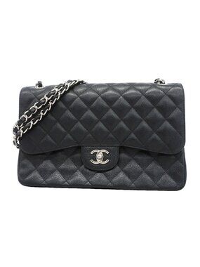 Chanel Shoulder Bag Maxi Quilted Caviar Leather Black Silver